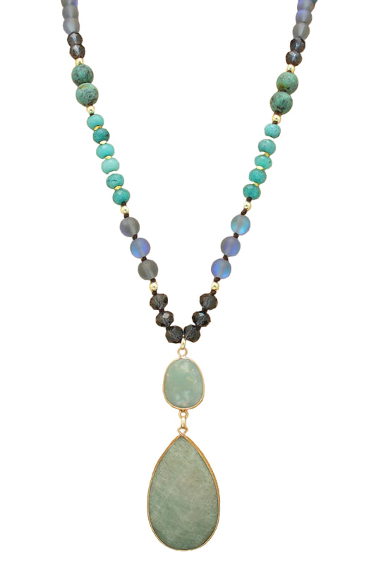 Long Beaded Necklace with Double Pendant
