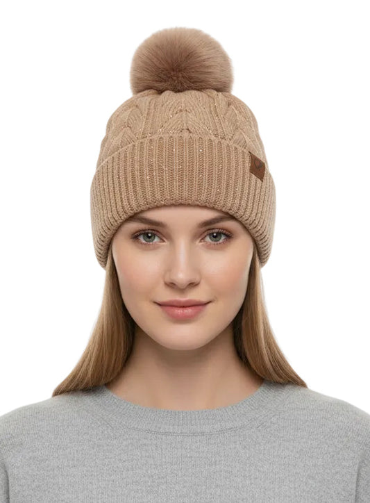 Micro Sequined Cable Knit Fleece Pom Pom Beanie