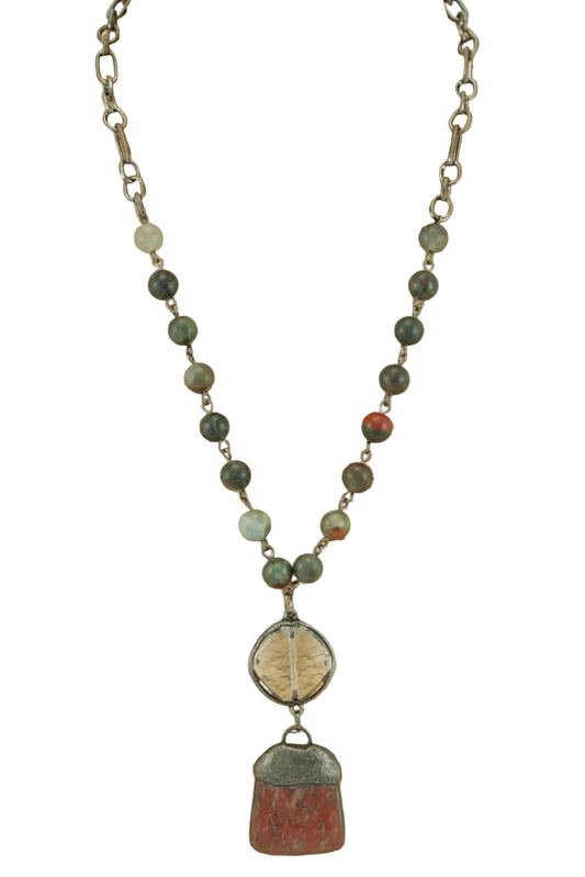 Beaded Short Chain Necklace with Stone Pendant