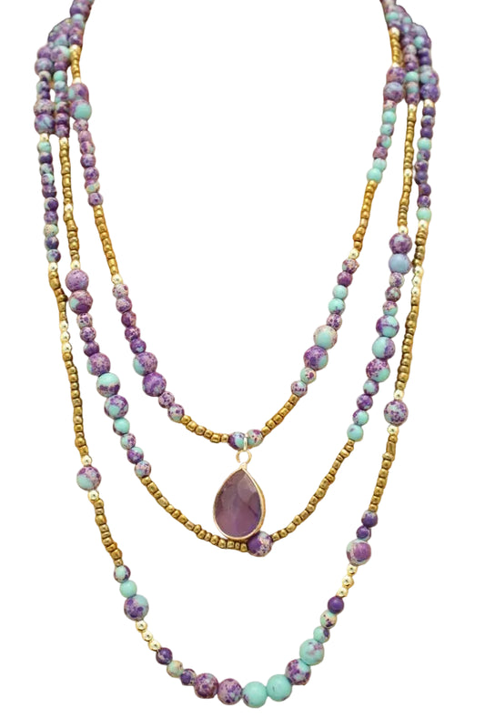 Short Beaded 3-Strand Necklace with Pendant