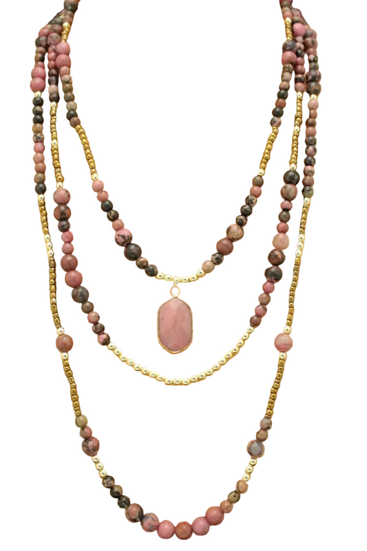Short Beaded 3-Strand Necklace with Pendant