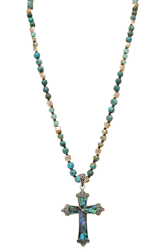 Long Beaded Necklace with Cross