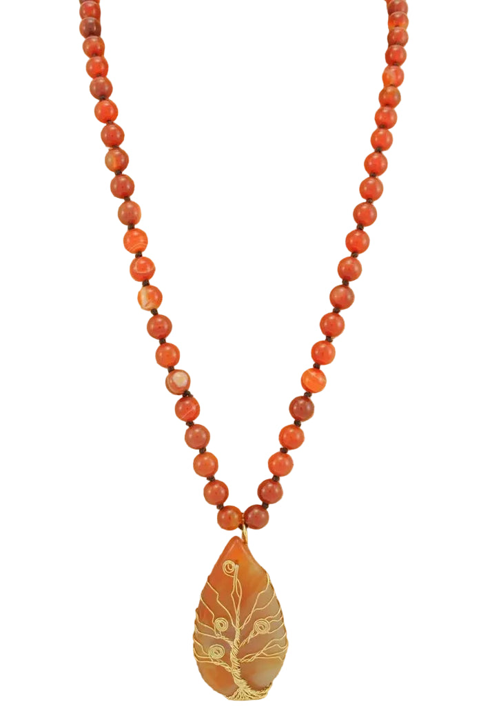 Long Beaded Necklace with Stone Pendant - Tree