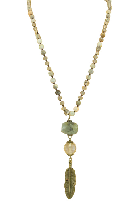 Long Beaded Necklace with Feather