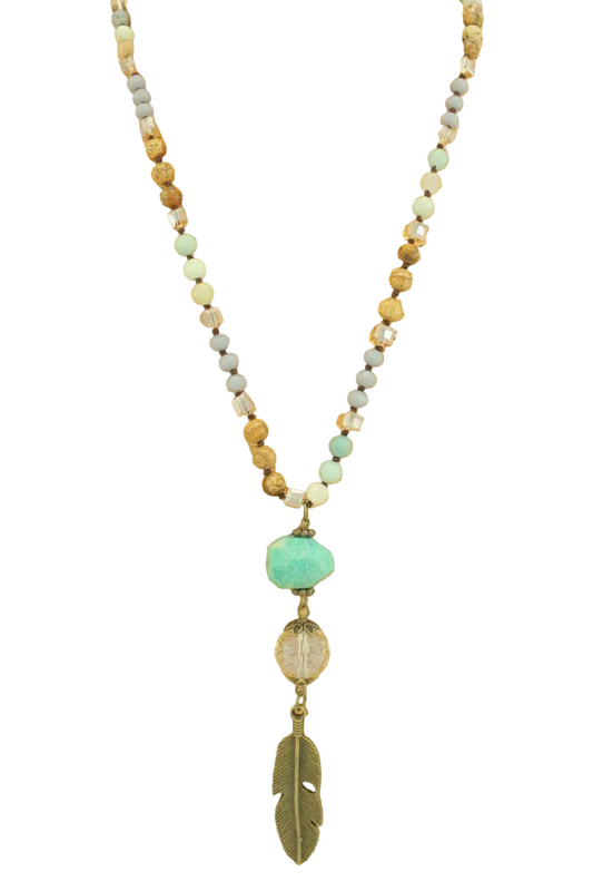 Long Beaded Necklace with Feather