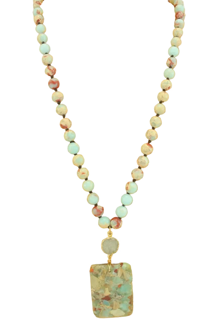 Long Beaded Necklace with Stone Pendant