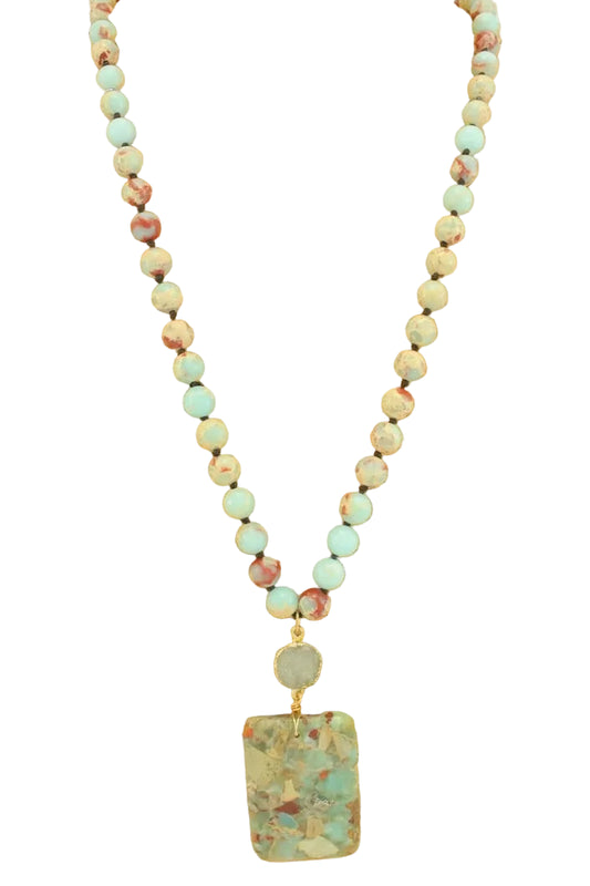 Long Beaded Necklace with Stone Pendant