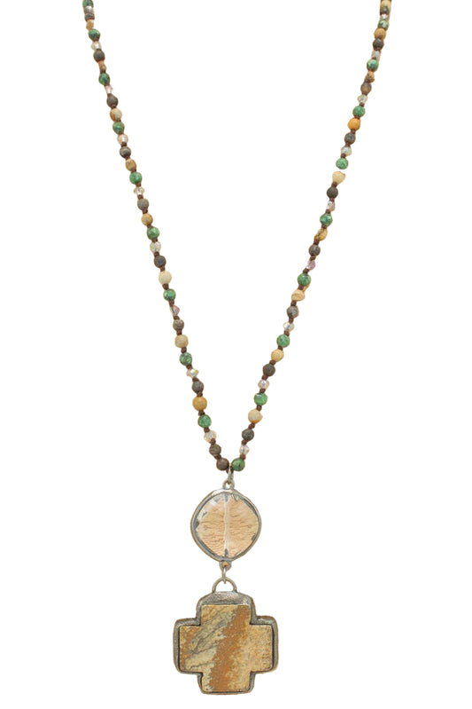 Long Beaded Necklace with Cross Stone Pendant
