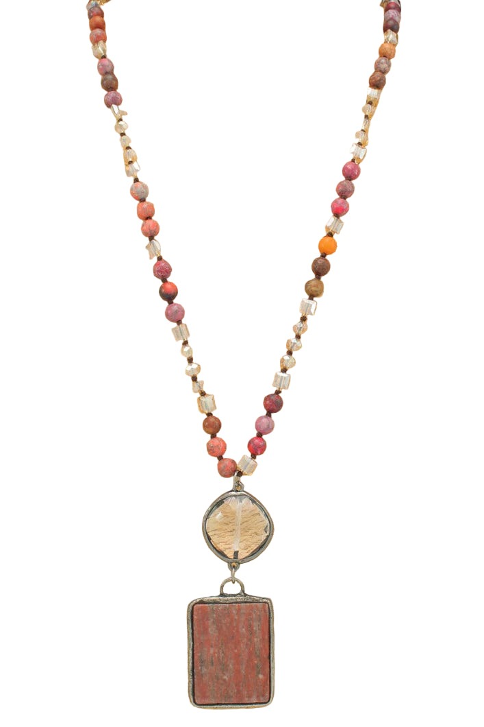 Long Beaded Necklace with Stone Pendant