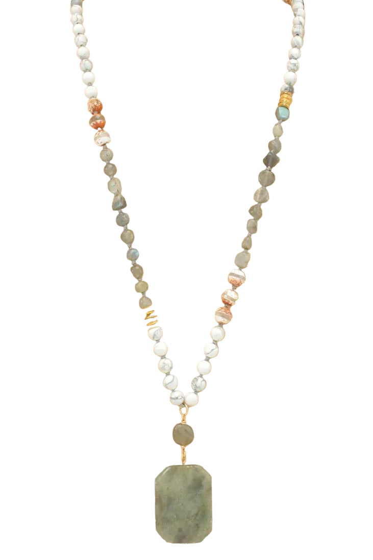 Long Beaded Necklace with Stone Pendant