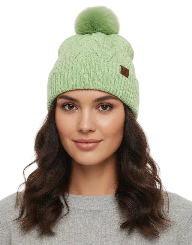 Micro Sequined Cable Knit Fleece Pom Pom Beanie