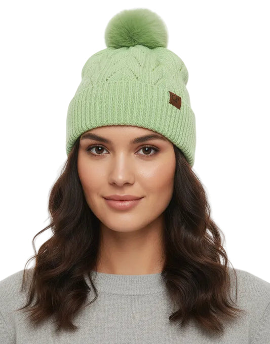 Micro Sequined Cable Knit Fleece Pom Pom Beanie