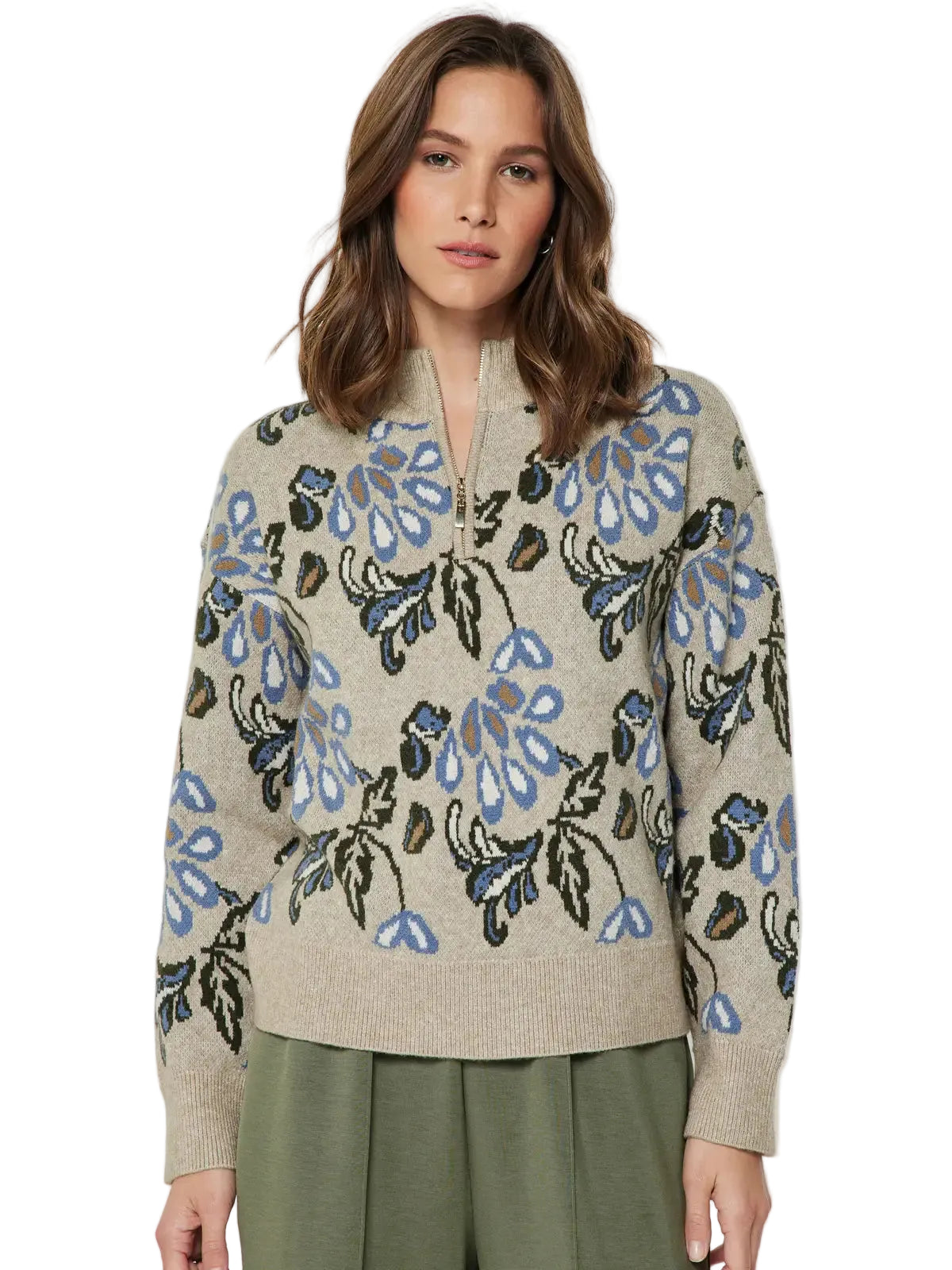 Pattern Jacquard Half Zip Sweater