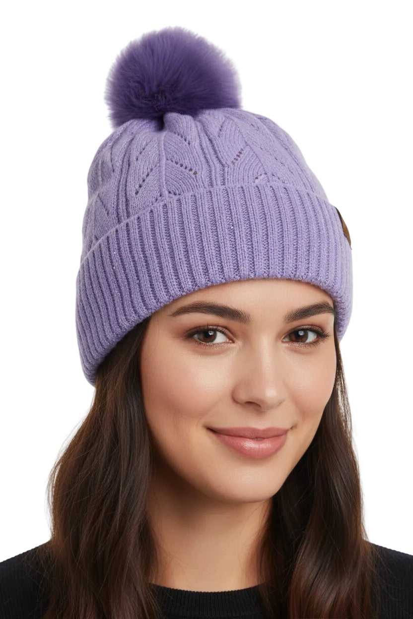 Micro Sequined Cable Knit Fleece Pom Pom Beanie