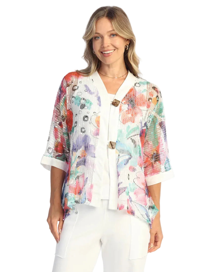 Boucle Mesh Cardigan with 2 Buttons - Watercolor
