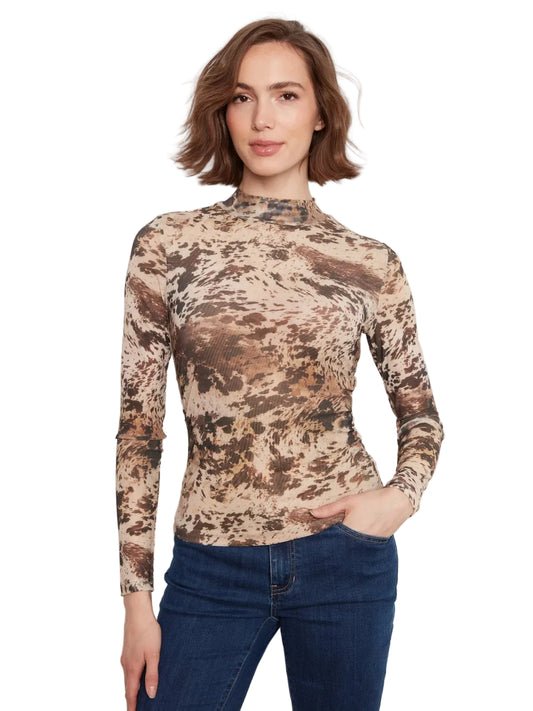 L/S Mock Neck Printed Mesh Top