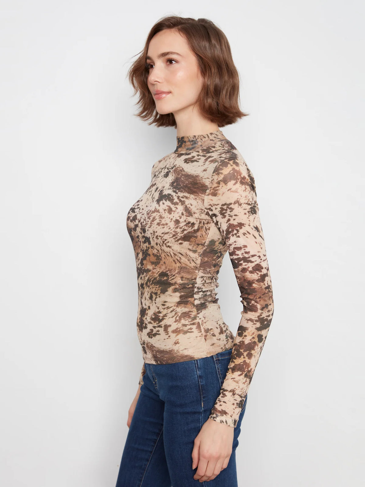 L/S Mock Neck Printed Mesh Top