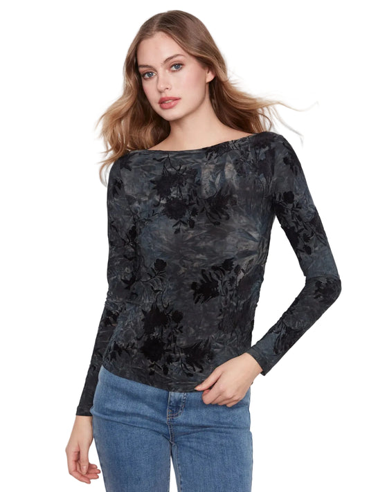 L/S Boat Neck Top with Rouching