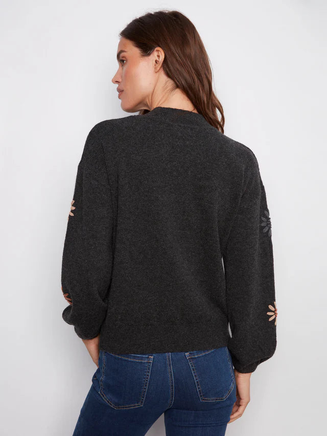 Mock Neck Sweater With Floral Embroidery