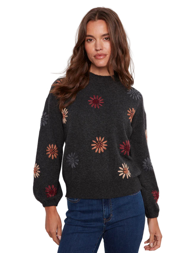 Mock Neck Sweater With Floral Embroidery