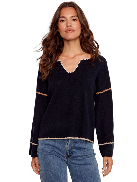 Ribbed V-Neck Notched Sweater