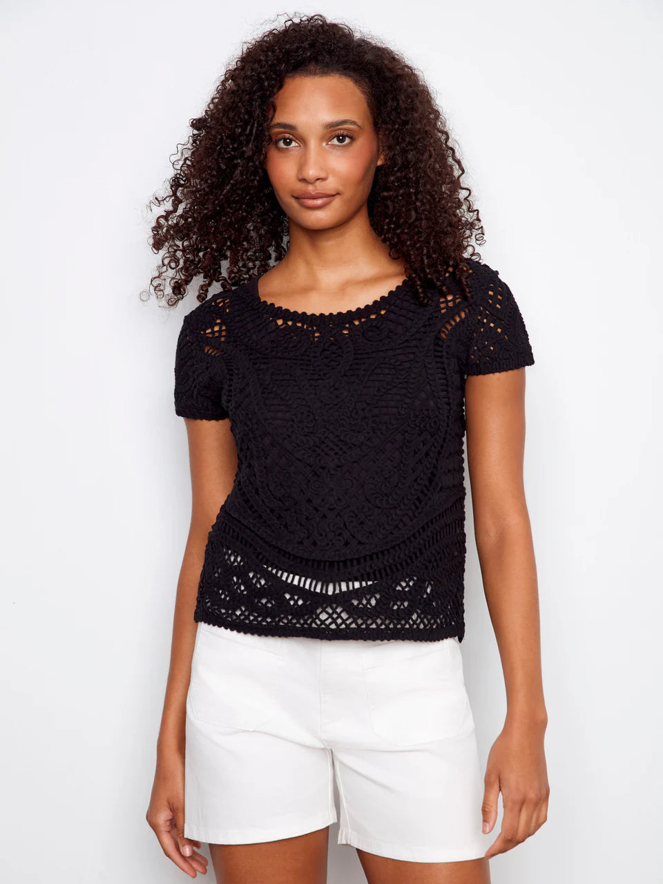 S/S Crochet Sweater with Placket and Back Buttons
