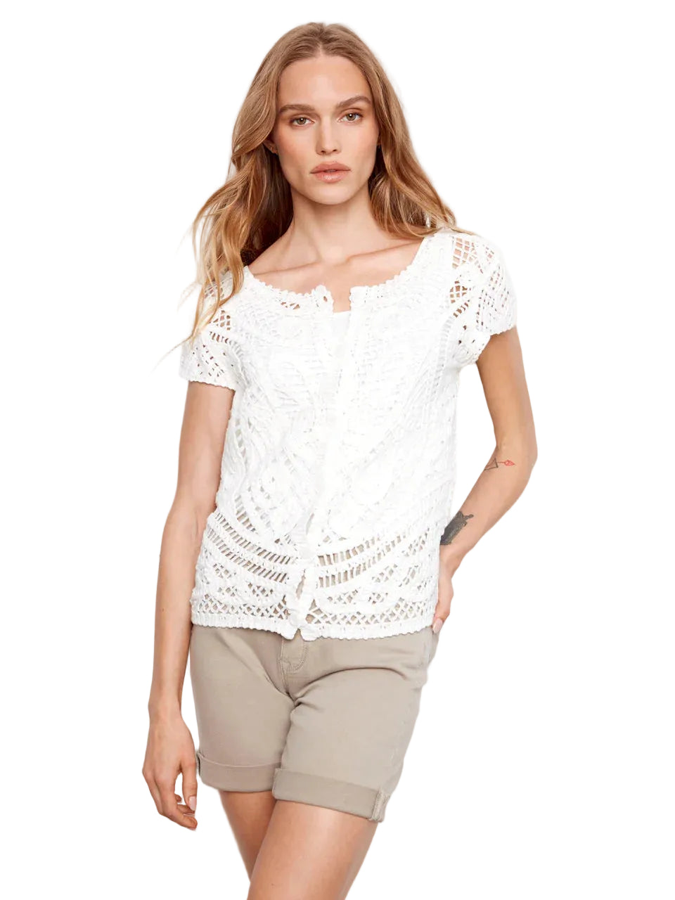 S/S Crochet Sweater with Placket and Back Buttons