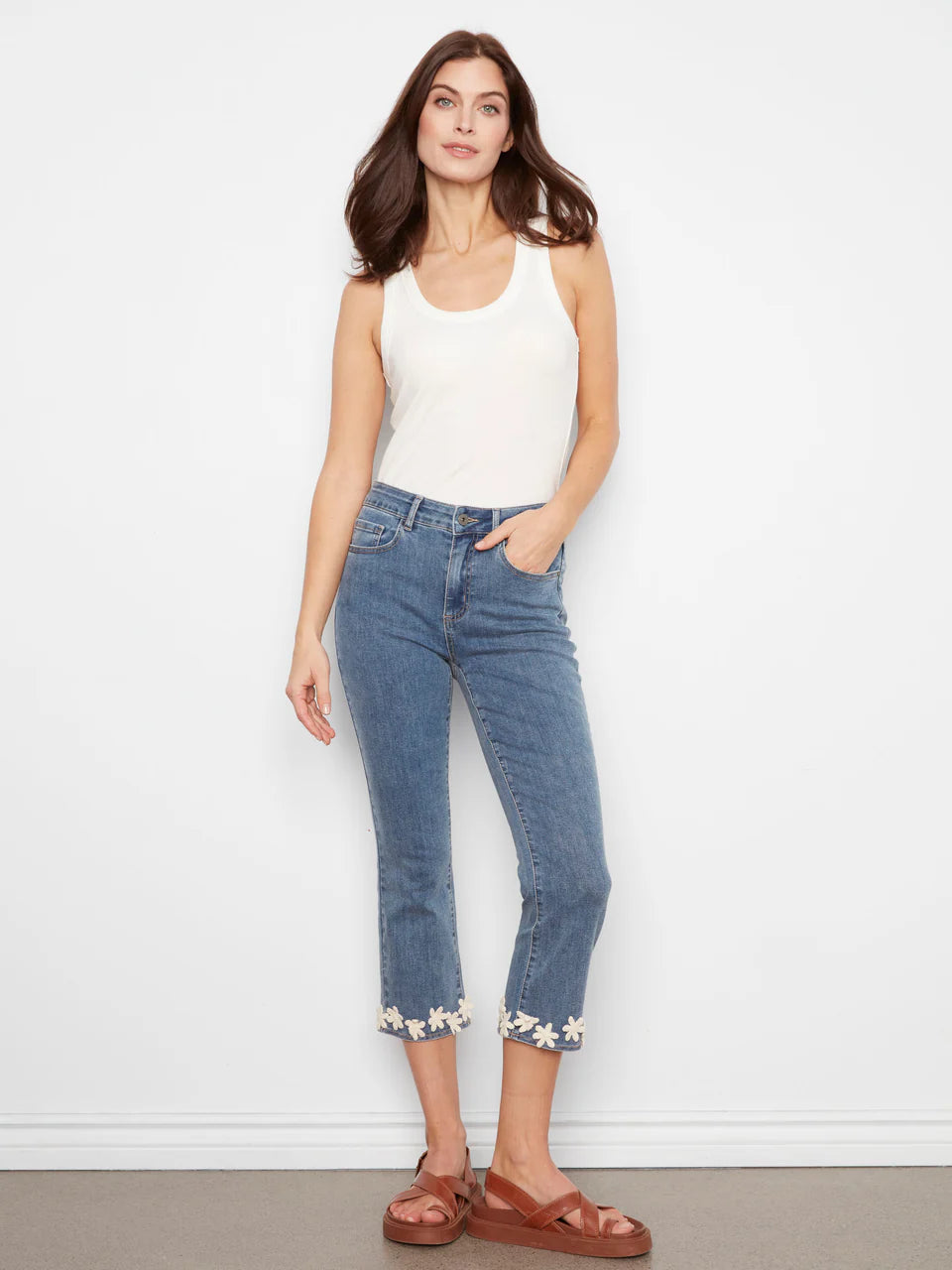 Flare Leg Stretch Denim with Floral Trim