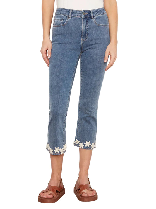 Flare Leg Stretch Denim with Floral Trim