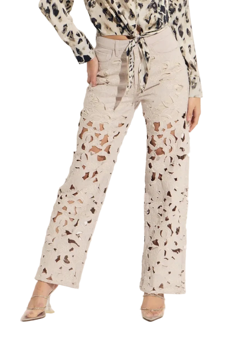 High Rise Wide Leg Floral Cutout Jeans