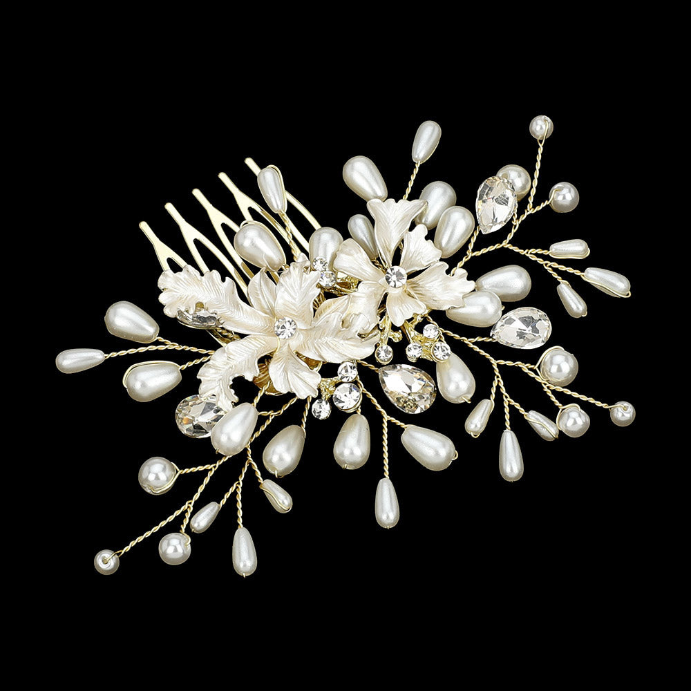 Hair Comb Pearl Embellished Flower Leaf Vine