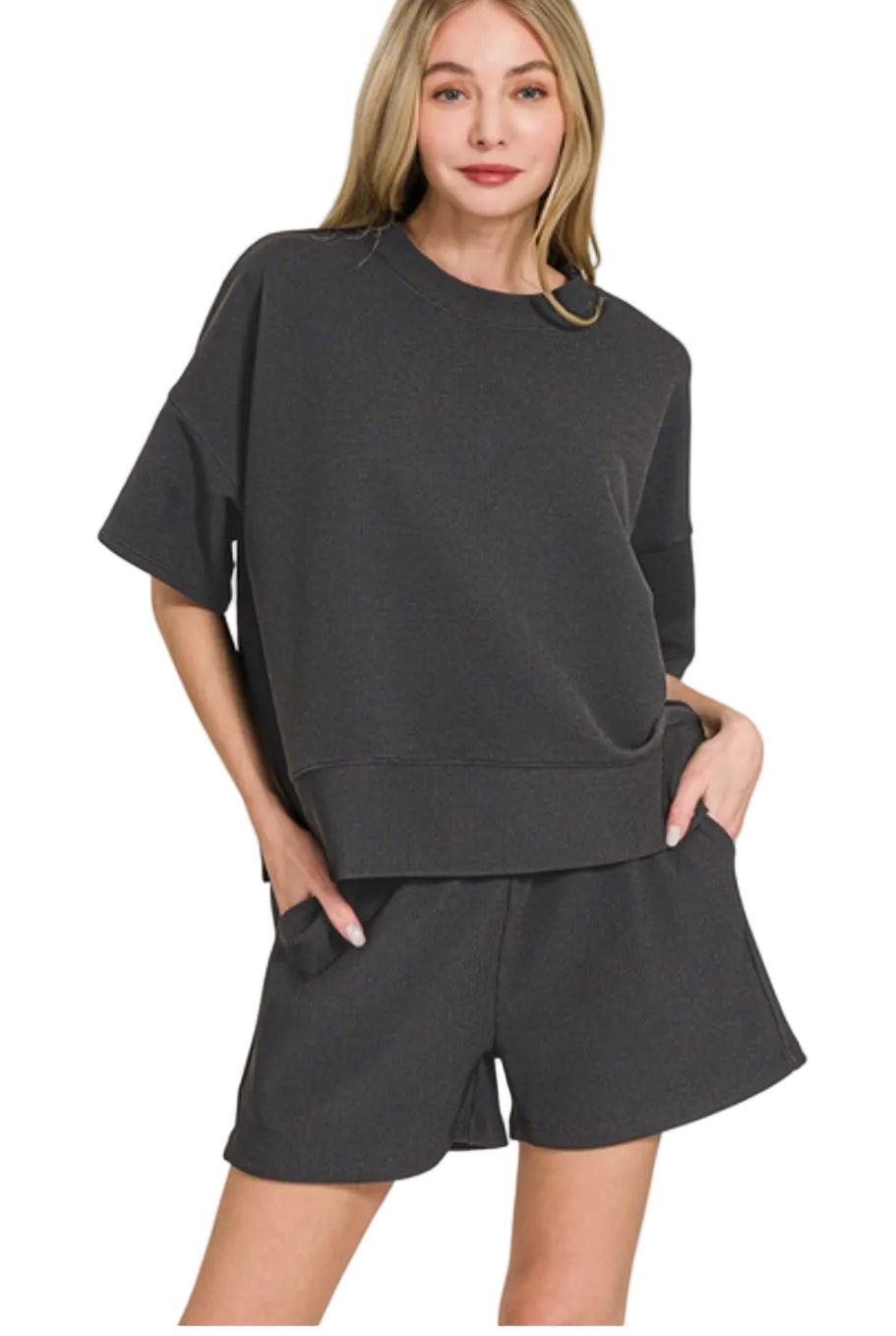 Ribbed Round Neck Waist Banded Tee & Shorts Set