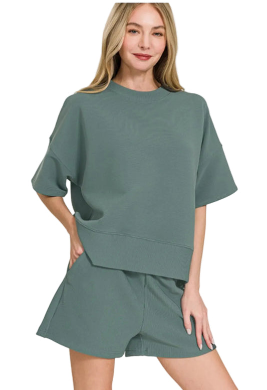 Ribbed Round Neck Waist Banded Tee & Shorts Set