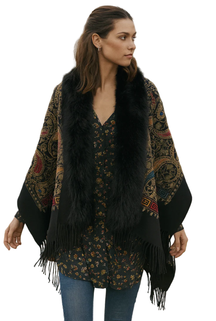 Embroidered Baroque Paisley Faux Fur Edge Scarf