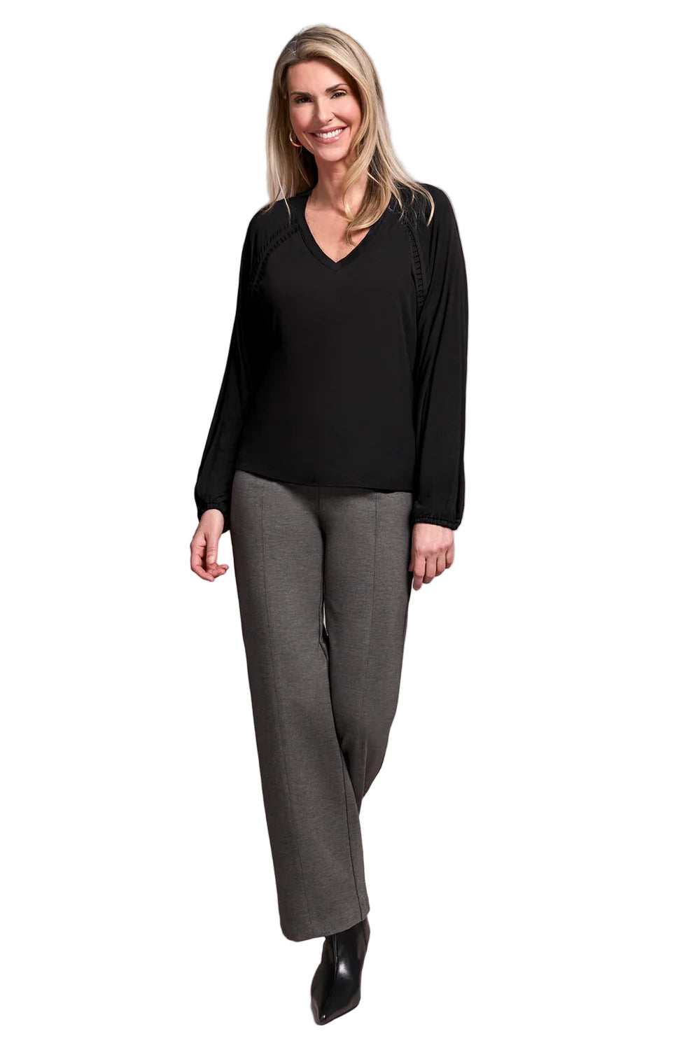 Pleat-Accent Long-Sleeve V-Neck Top