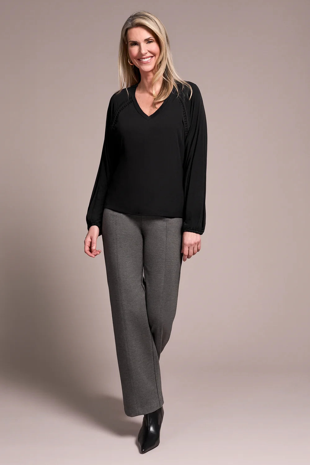 Pleat-Accent Long-Sleeve V-Neck Top