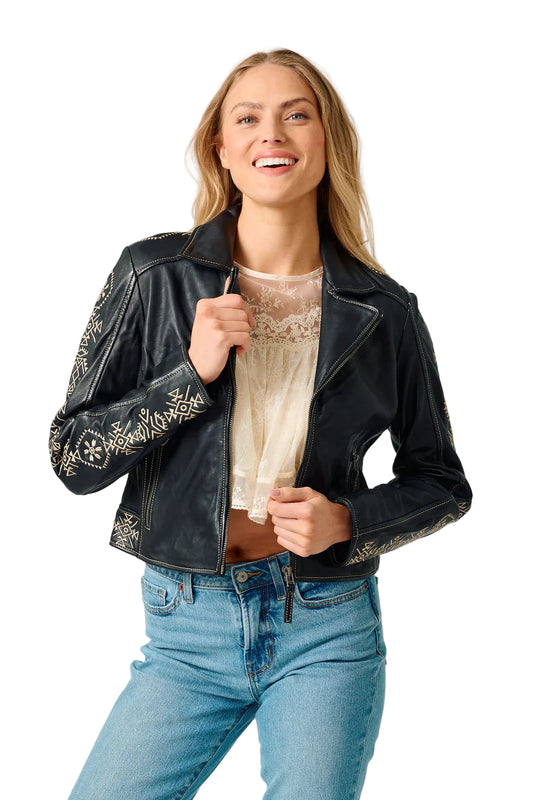 Cora RF Embroidered Front Zip Leather Jacket