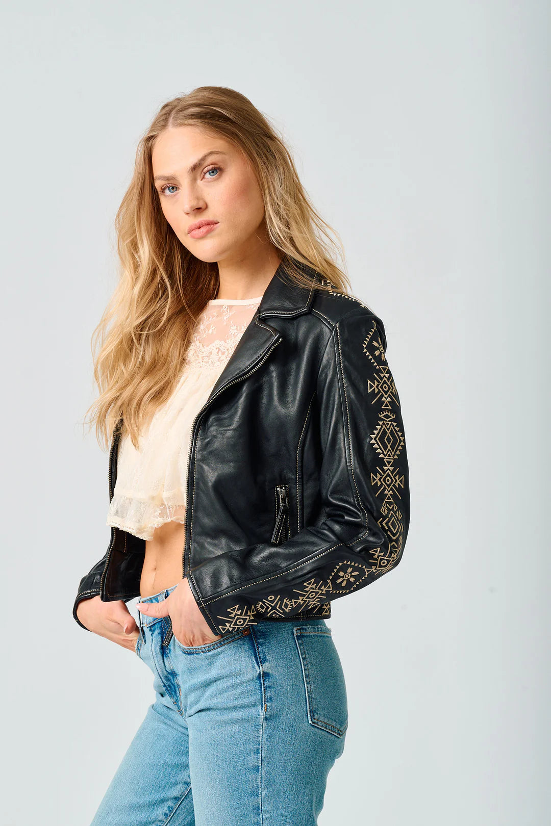 Cora RF Embroidered Front Zip Leather Jacket