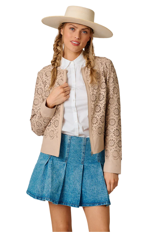 Lacey Laser Cutout Lace Leather Jacket