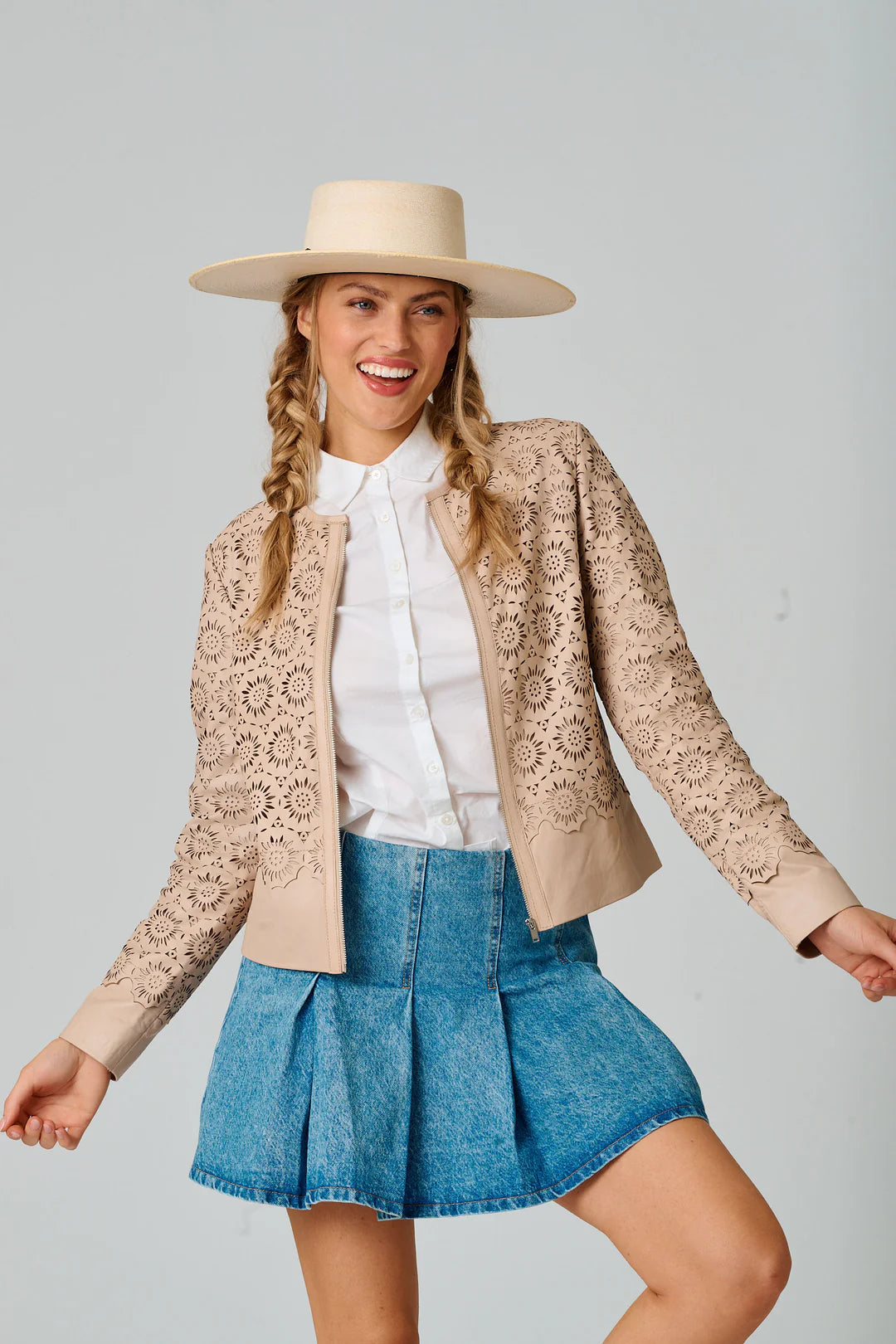 Lacey Laser Cutout Lace Leather Jacket