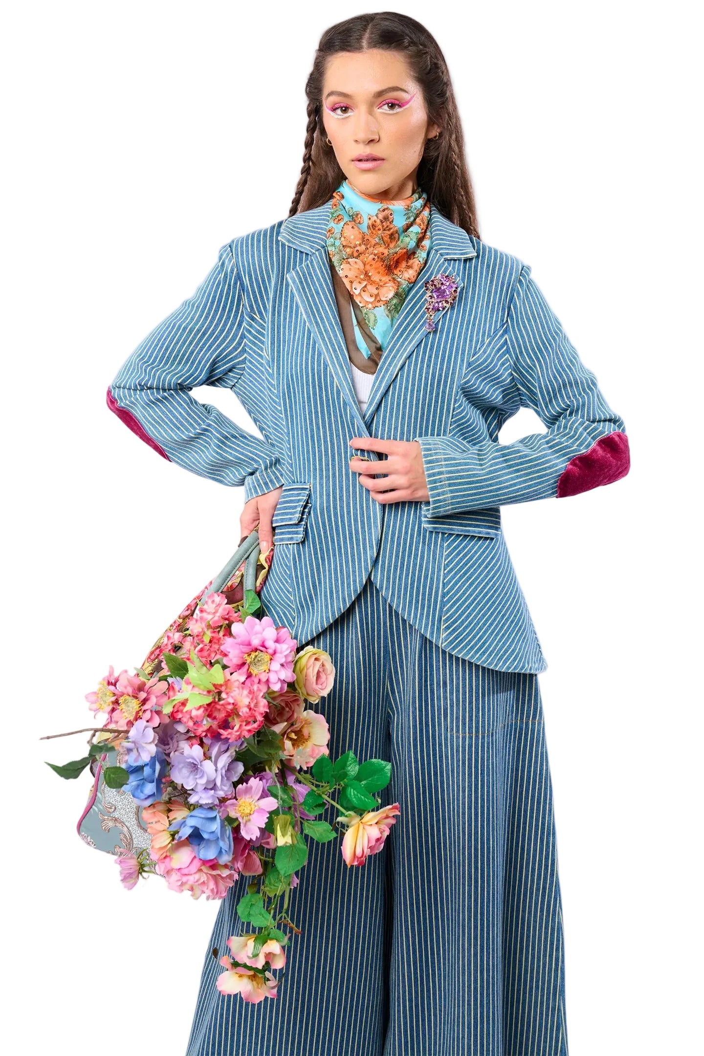 Alaia Stripe Embellished Denim Blazer
