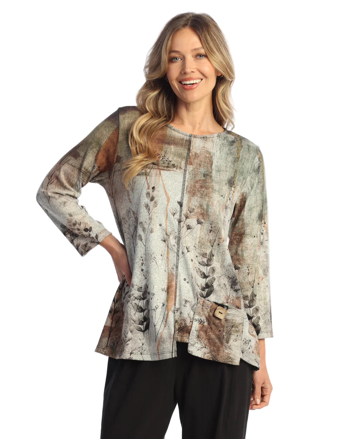 French Brushed Knit Tunic With Patch Pocket And Button - Day Dream
