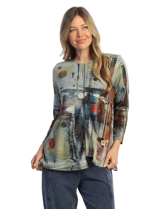 French Brushed Knit Tunic With Patch Pocket And Button - Prisma