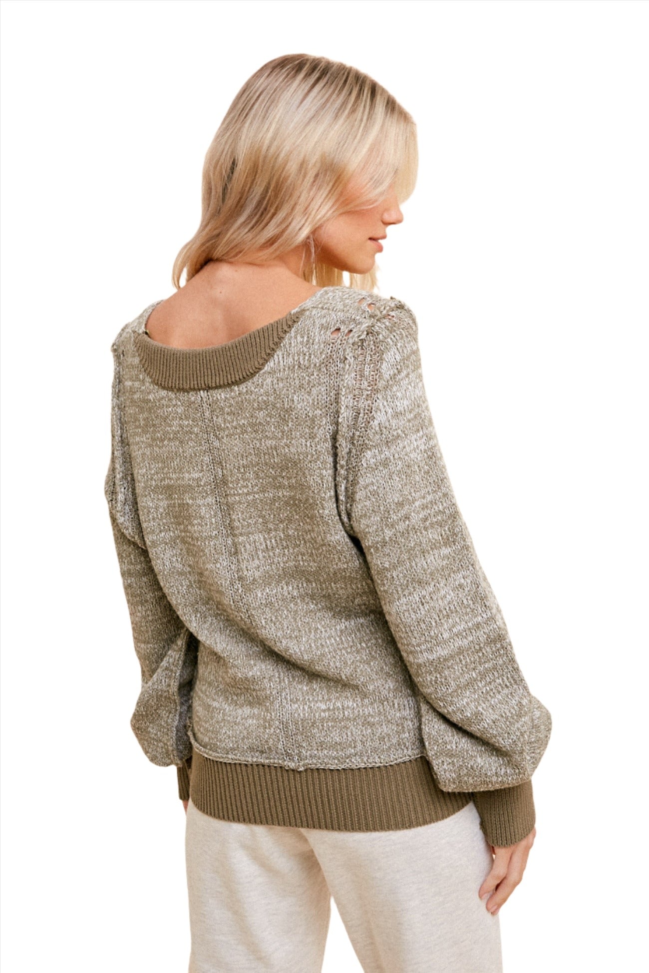 Two Tone V-Neck Bubble Sleeve Sweater