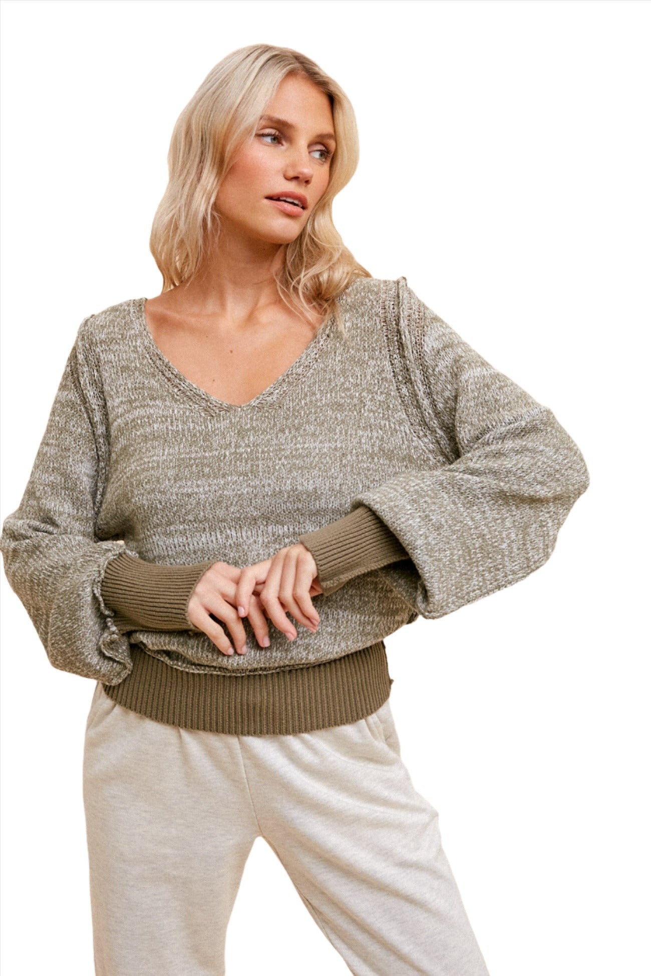 Two Tone V-Neck Bubble Sleeve Sweater