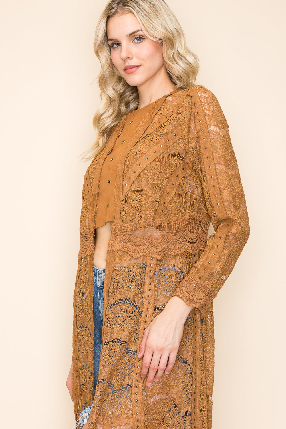 Faux Suede Open Front Jacket with Studs