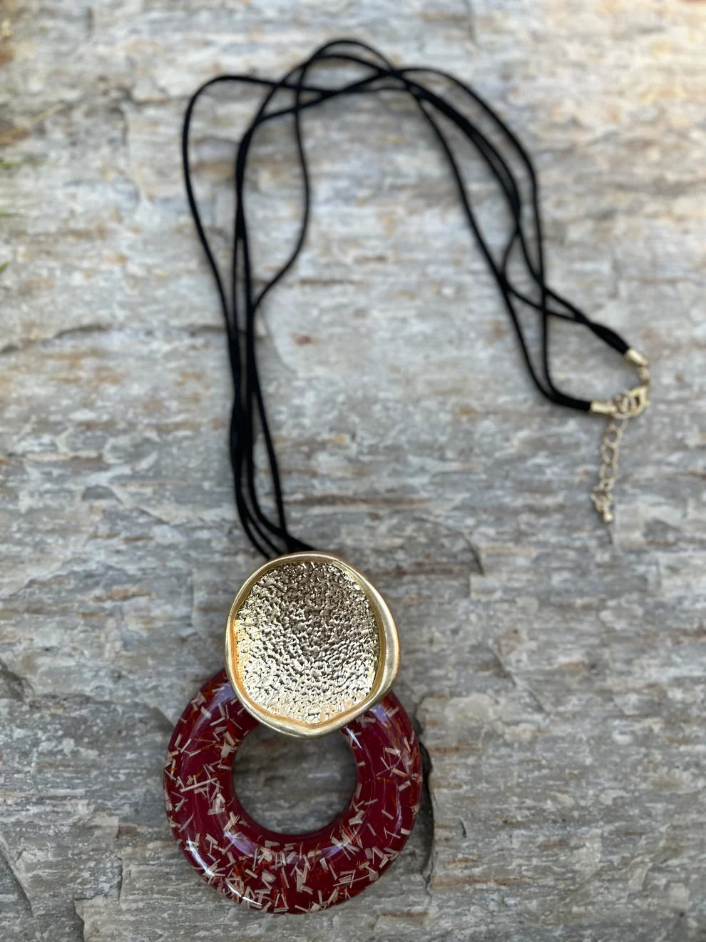 Long Cord Necklace With Glass & Metal Pendant