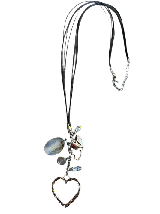 Long Cord Necklace With Stone & Heart Charms