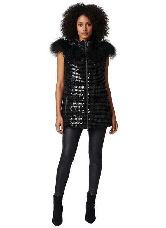 Sequin Puffer Vest with Lamb Trim Hood