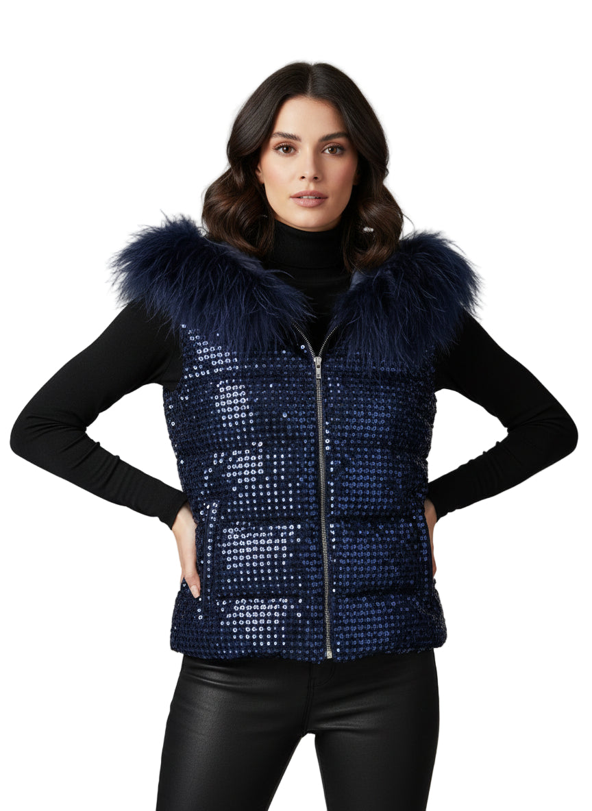 Sequin Puffer Vest with Lamb Trim Hood